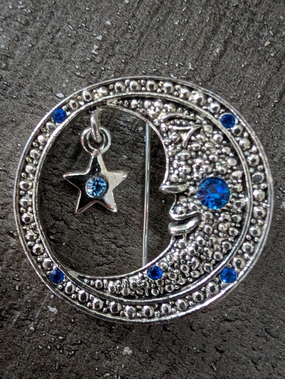 AAi Silver Tone Smiling Crescent Moon & Star Brooch with Blue Accents